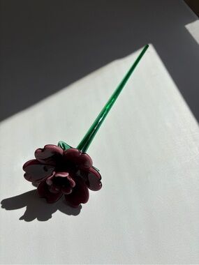 Vintage Art Glass Emerald Green Stem with Burgundy Flower